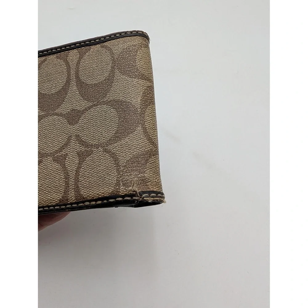 Coach Wallet Mens Brown Canvas Leather Bifold Signature Stripe Logo Card Holder